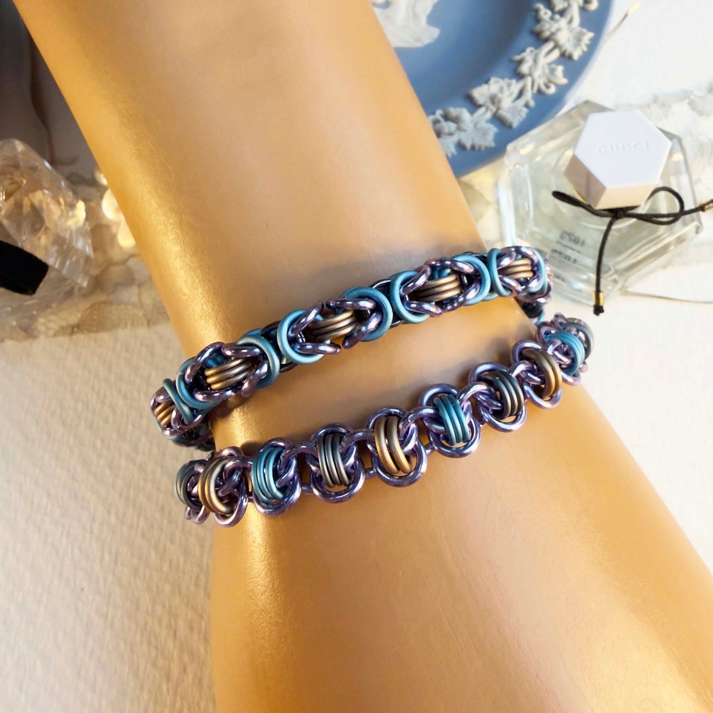 Byzantine Bracelet Kit with Free Video Class - Lavender & Gunmetal with Matte Sky Blue & Champagne