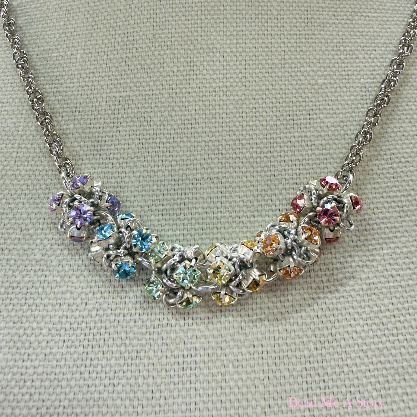 Caterpillar Rhinestone Link Necklace Kit with Video Class - Silver & Pastel Rainbow
