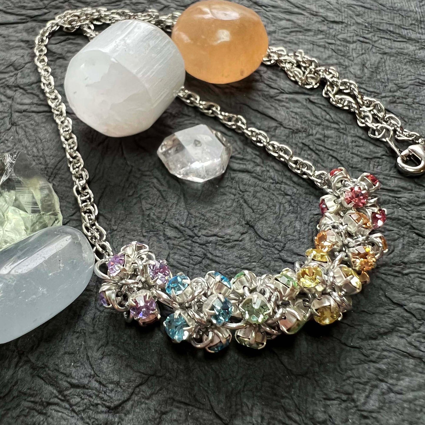 Caterpillar Rhinestone Link Necklace Kit with Video Class - Silver & Pastel Rainbow
