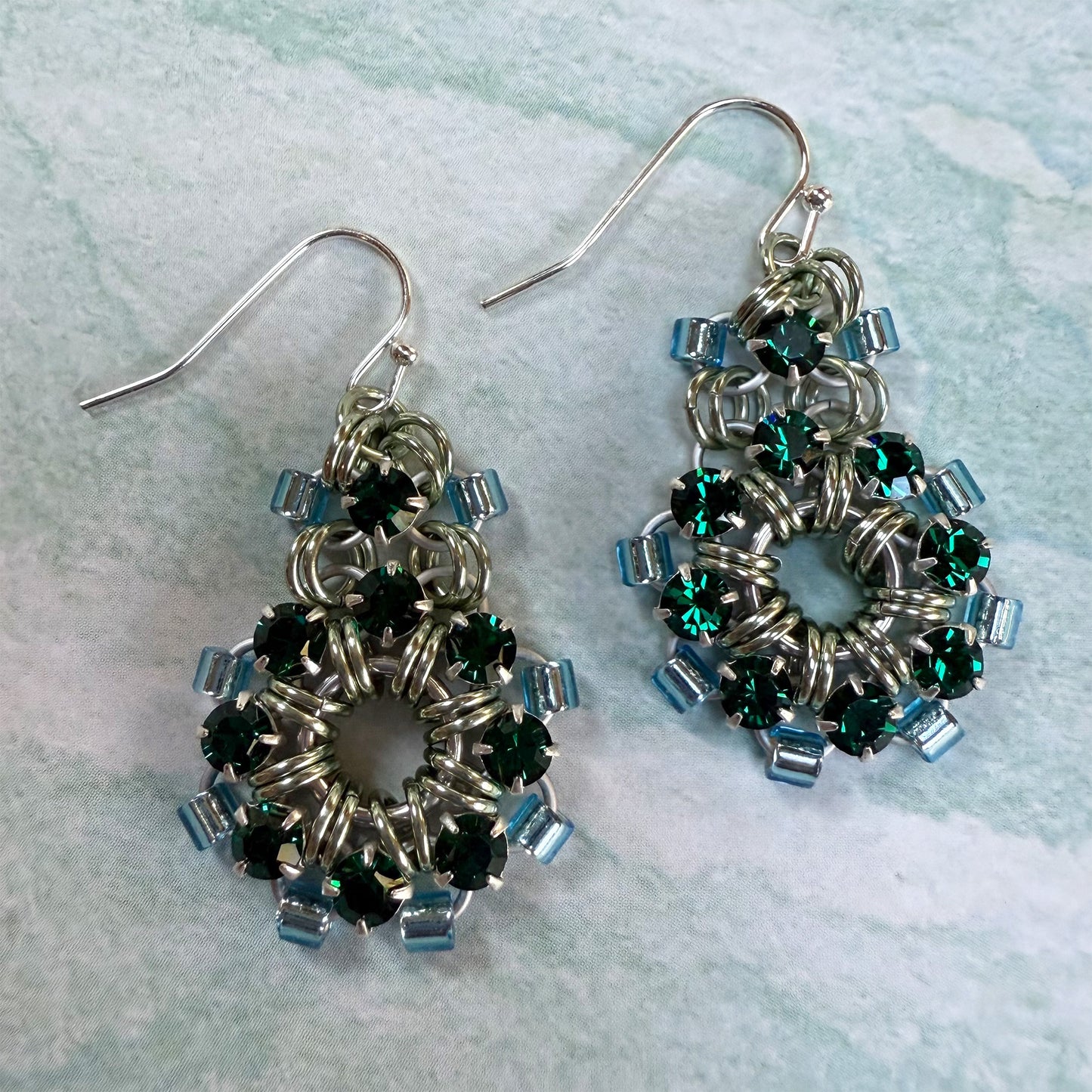 Circle Drop Earrings with Rhinestones & Beads Kit with Video Class - Silver, Sea Foam, Emerald & SL Aqua
