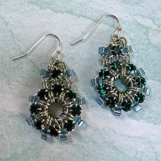 Circle Drop Earrings with Rhinestones & Beads Kit with Video Class - Silver, Sea Foam, Emerald & SL Aqua