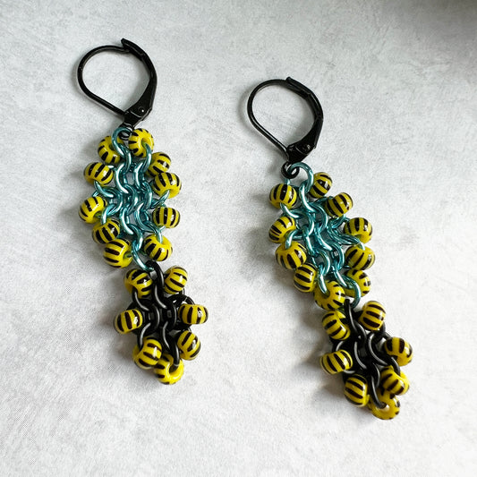 Czech Beaded Euro 4 in 1 Earrings Kit with FREE Video - Sky Blue, Matte Black & Yellow Black Stripe