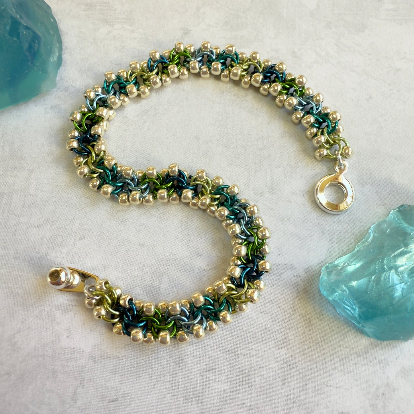 Dimensional Bead Chain Bracelet Kit with Video Class - Silver with Blue Green Mix