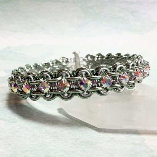 Guilloche Bracelet - Sea Foam, Silver & Crystal AB