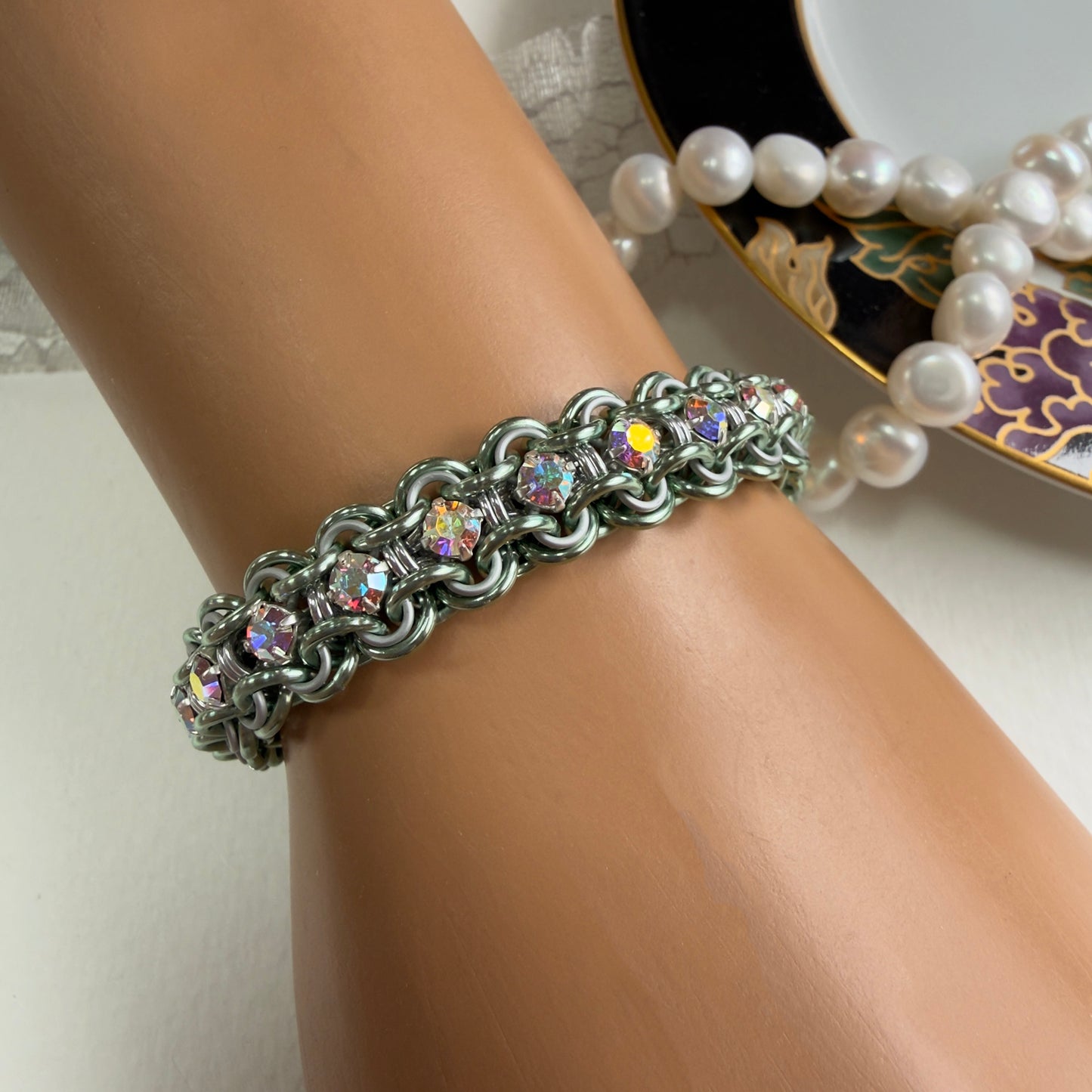 Guilloche Bracelet - Sea Foam, Silver & Crystal AB
