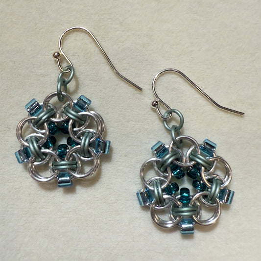 Helm Beaded Circle Earrings Mini Kit with Free Video - Silver, Mt Sea Foam, Aqua & Dark Teal