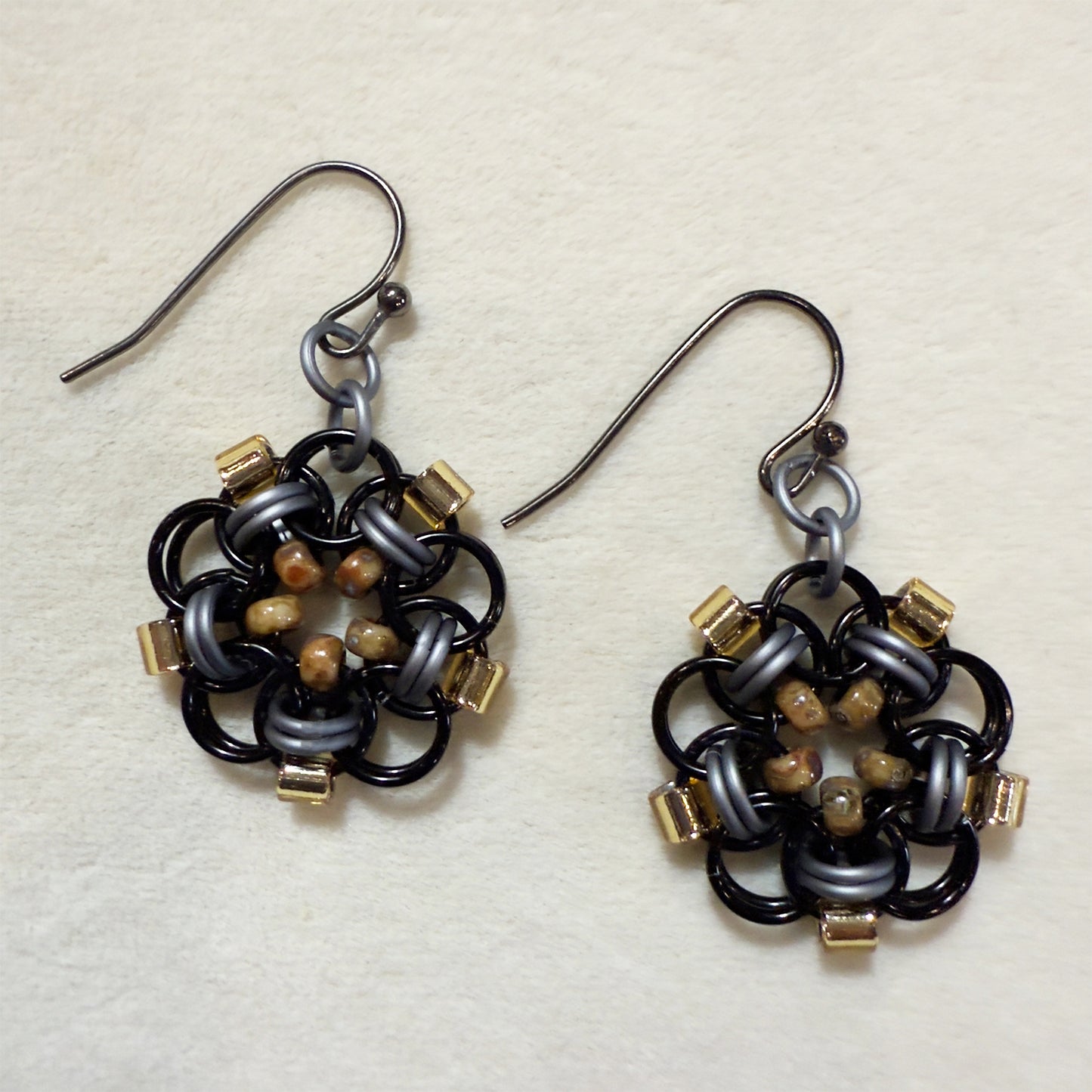 Helm Beaded Circle Earrings Mini Kit with Free Video - Black, Mt Gunmetal, SL Gold & Tan Picasso