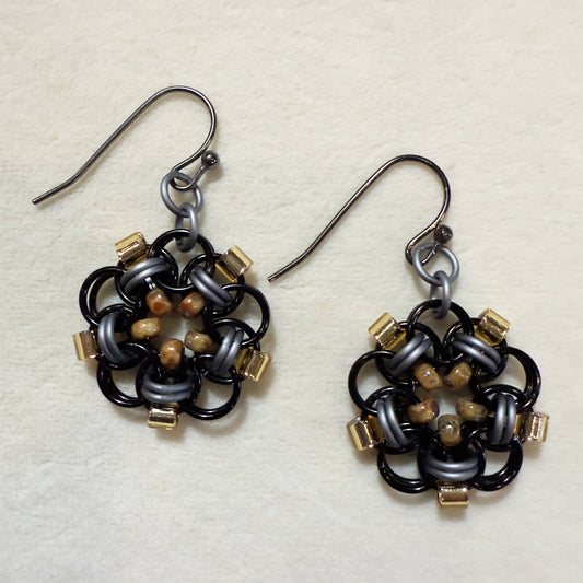 Helm Beaded Circle Earrings Mini Kit with Free Video - Black, Mt Gunmetal, SL Gold & Tan Picasso