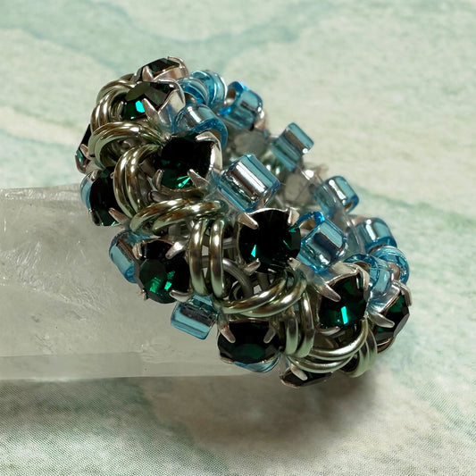 Japanese Lace Ring with Rhinestones & Beads Kit with Video Class - Sea Foam, Emerald & Aqua