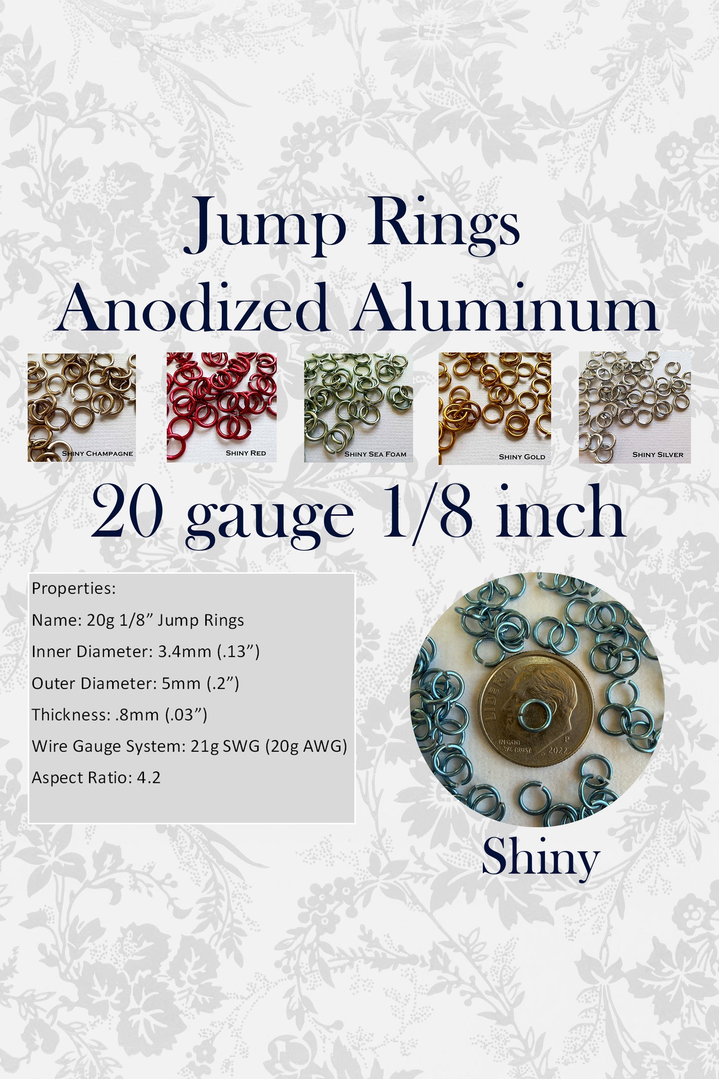 Jump Rings SHINY 20G 1/8" (AWG) ID: 3.4mm - choose color & quantity