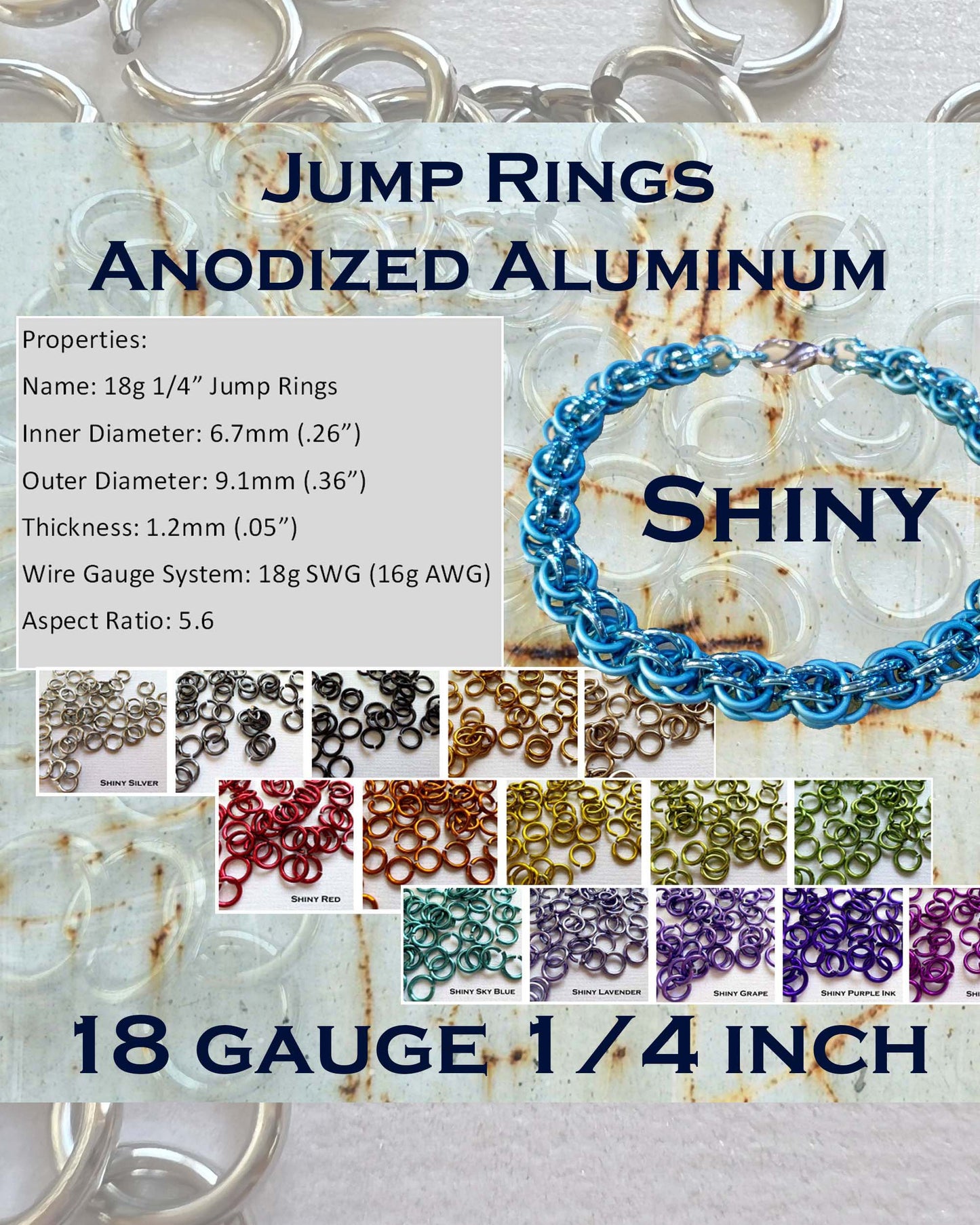 18g 1/4" Jump Rings Shiny (SWG) ID: 6.7mm - Choose color & quantity