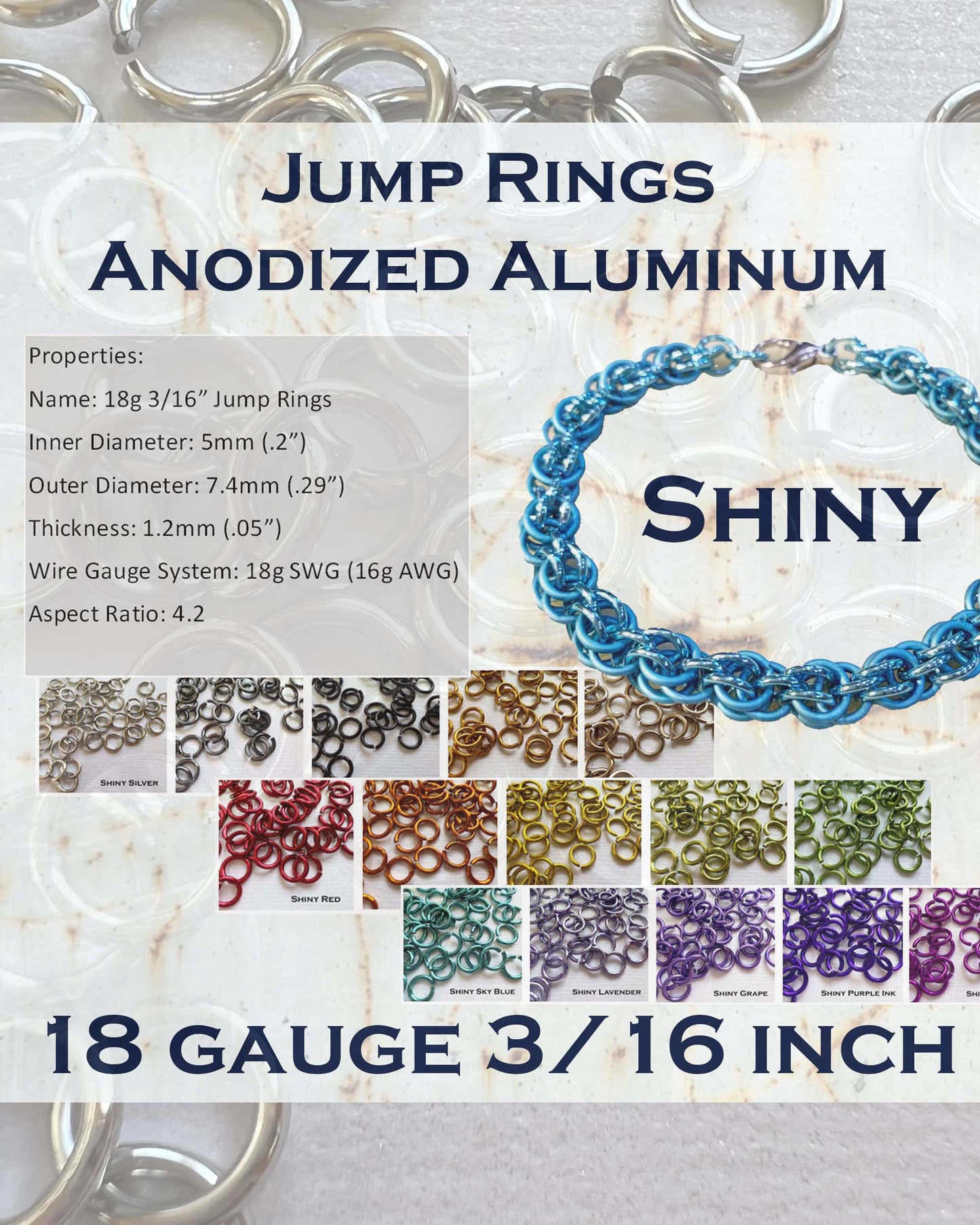 18g 3/16" Jump Rings Shiny (SWG) ID: 5mm - choose color & quantity