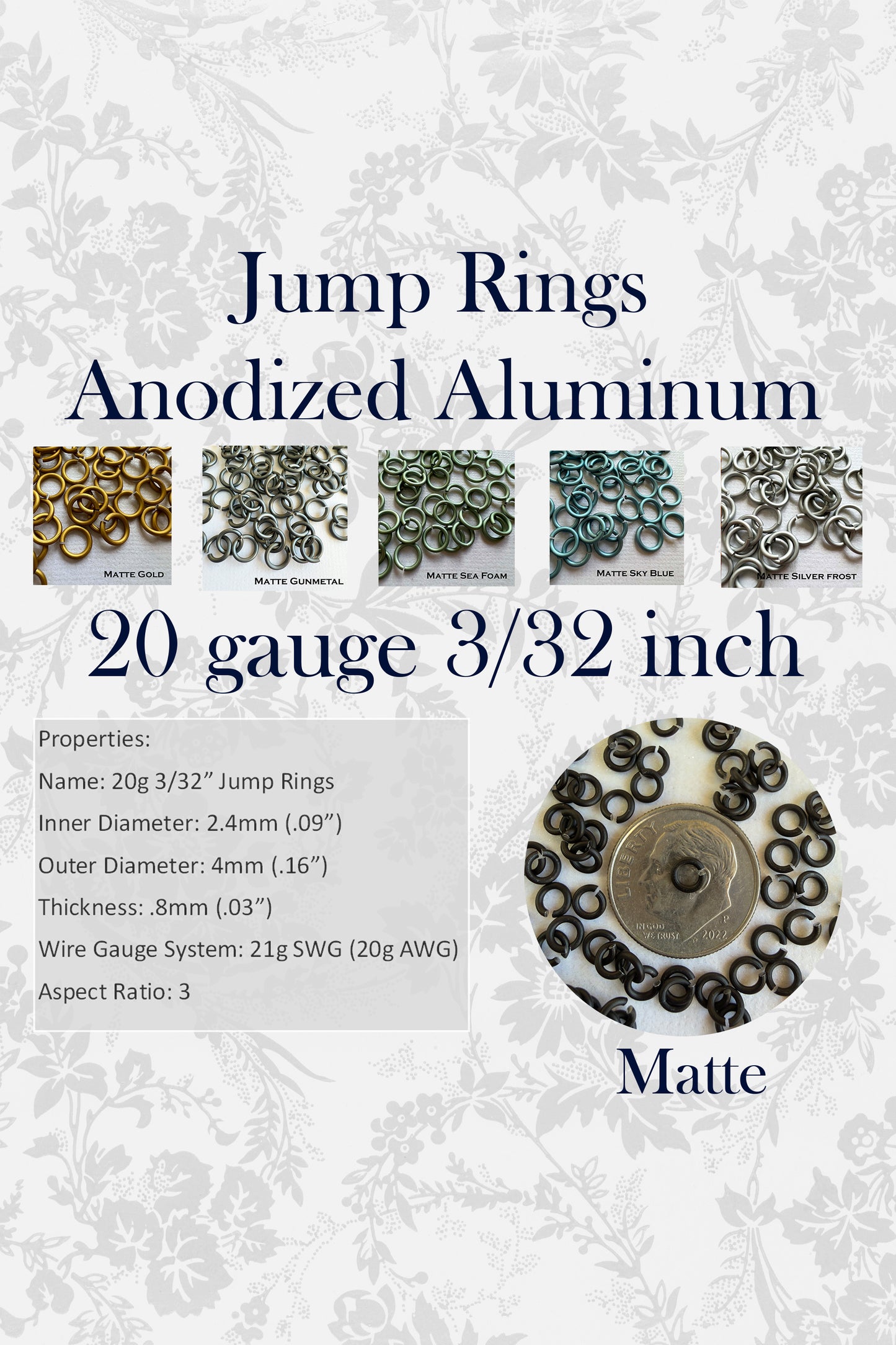 Jump Rings AA MATTE 20g 3/32" (AWG) ID: 2.4mm - choose color & quantity
