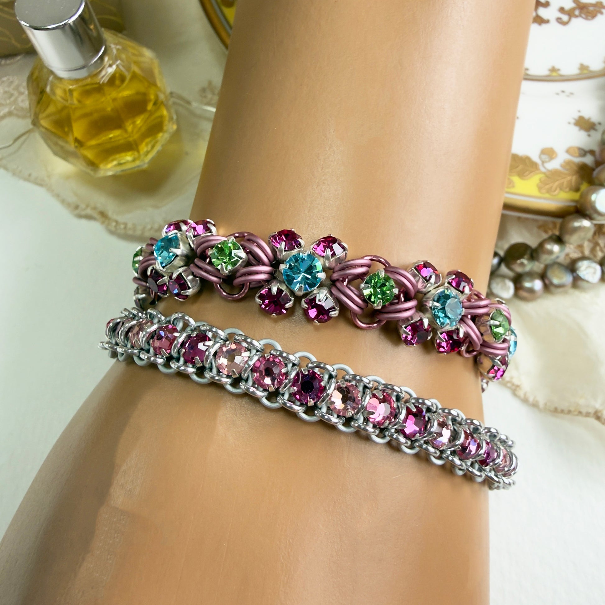 Papillon Link Bracelet Kit with Video Class - Light Pink with Aqua Bohemica, Fuchsia, & Peridot