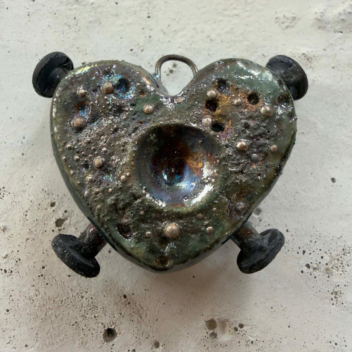 Raku Small Nailed Heart (1" x 1 1/2") - OOAK Ceramic