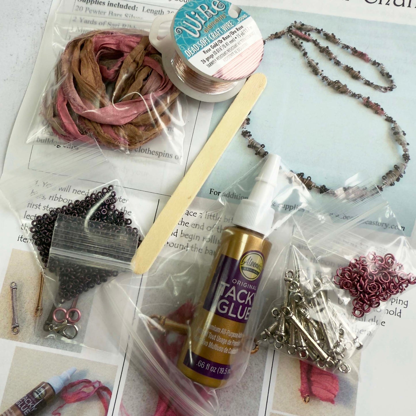 Sari Ribbon & Bead Bar Chain Necklace Kit with Video Class - Champagne & Roses