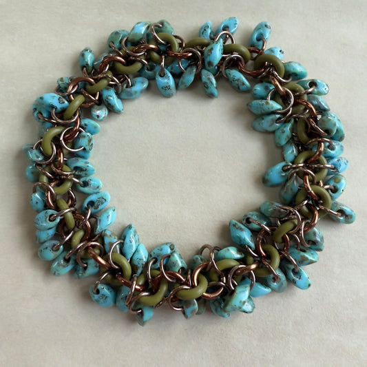 Shaggy Long Magatama Stretch Bracelet Kit with Free Video - Olive, Brown & Turquoise Picasso