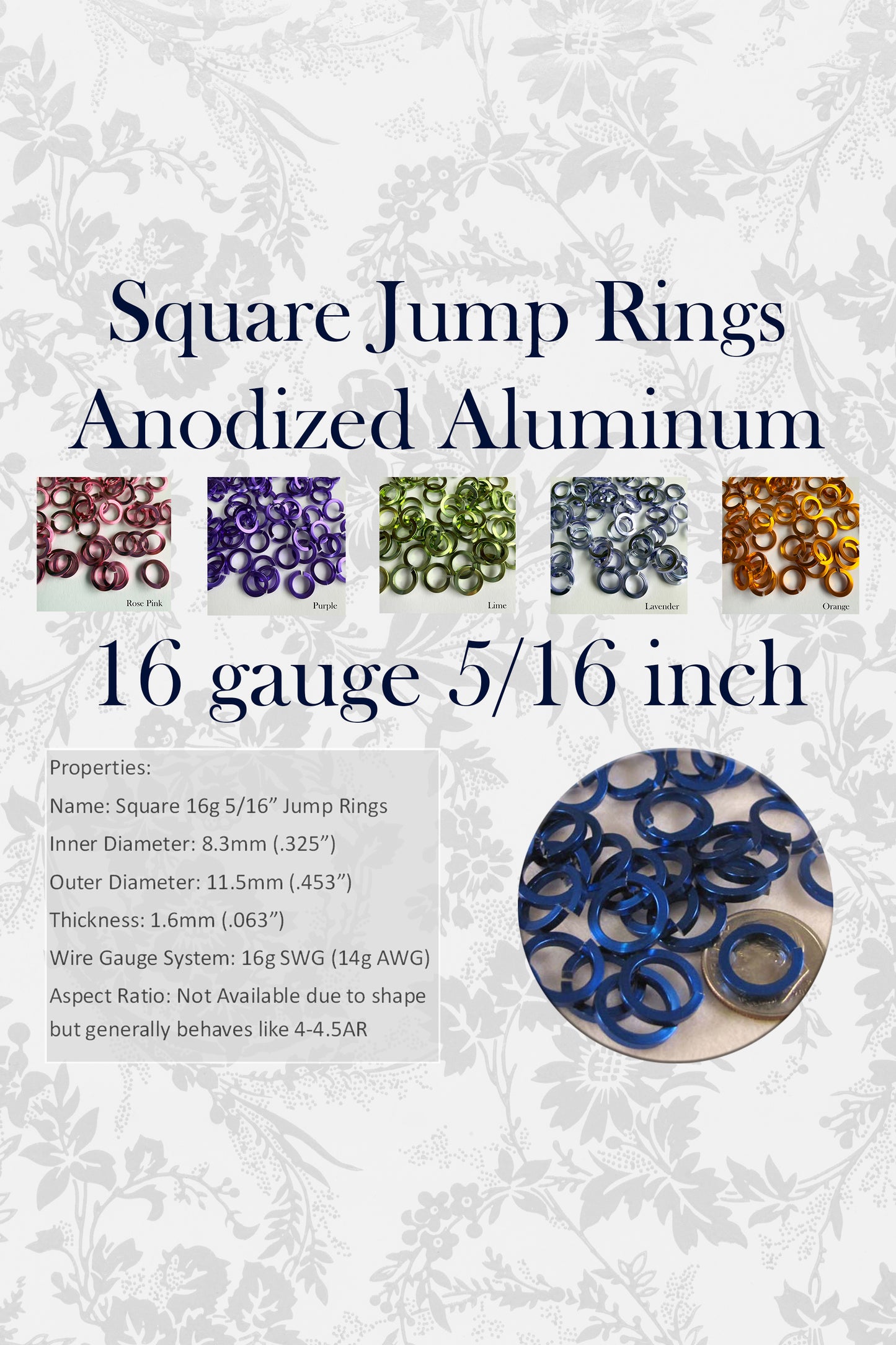 Jump Rings AA SQUARE 16g 5/16" (SWG) ID: 8.3mm - choose color - Package of 50