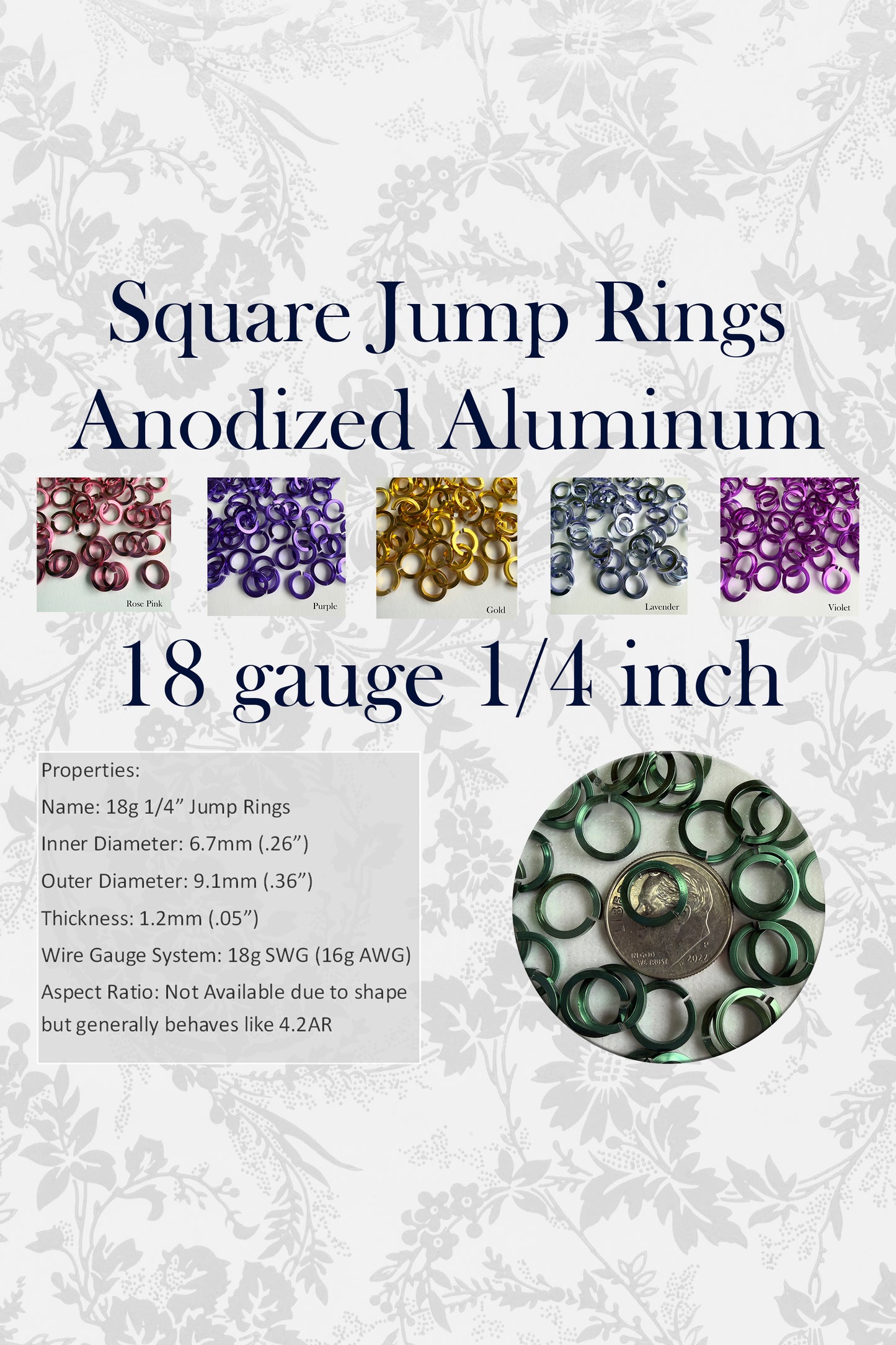 SQUARE 18g 1/4" Jump Rings - Choose color & quantity