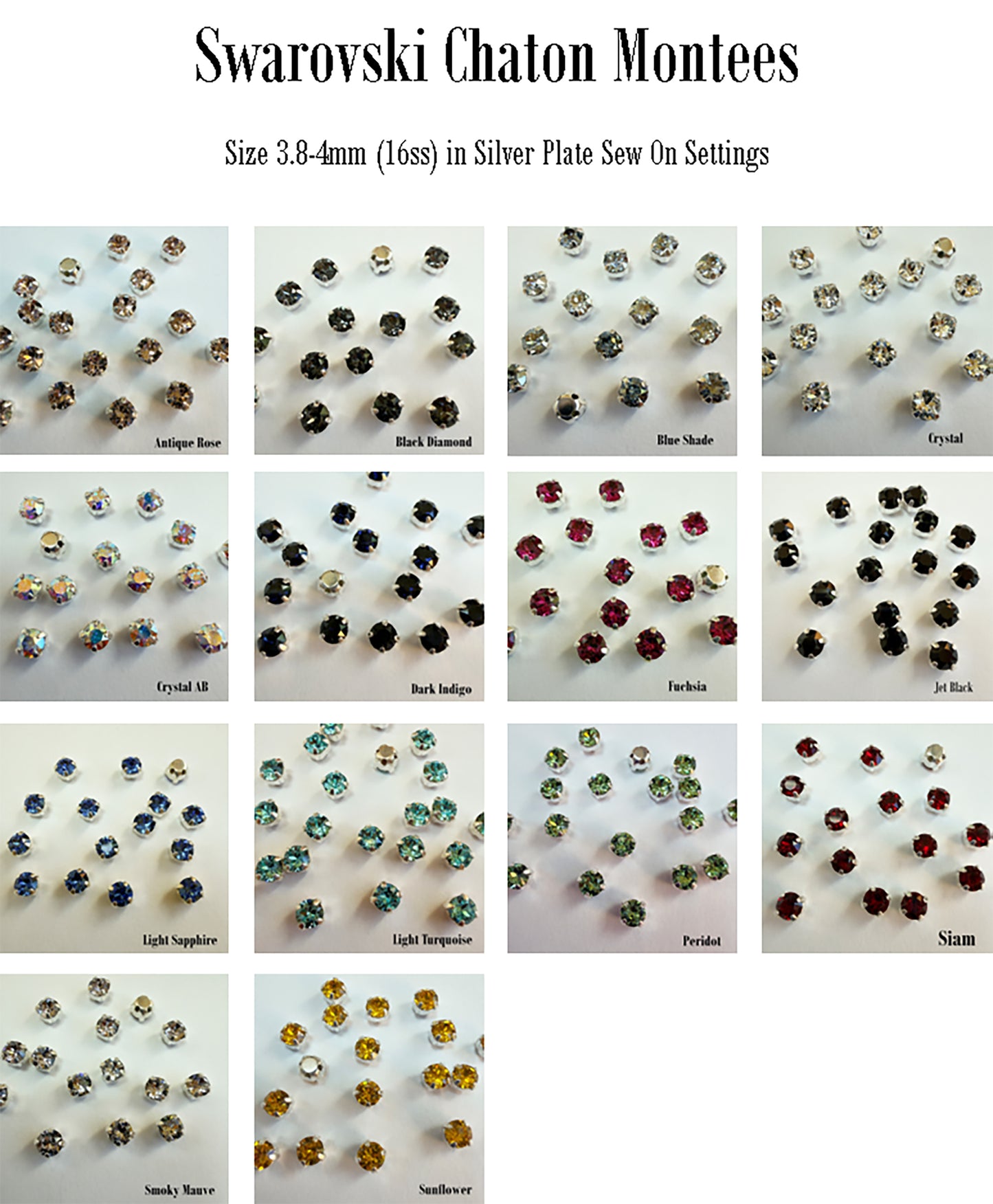 Swarovski Chaton Montees 16ss (3.8-4mm) in Silver Plated Settings - Choose Stone Color