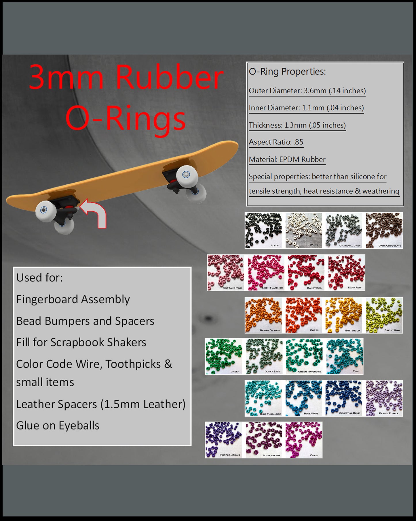 3mm Rubber O-Rings (ID: 1.1mm) - choose color