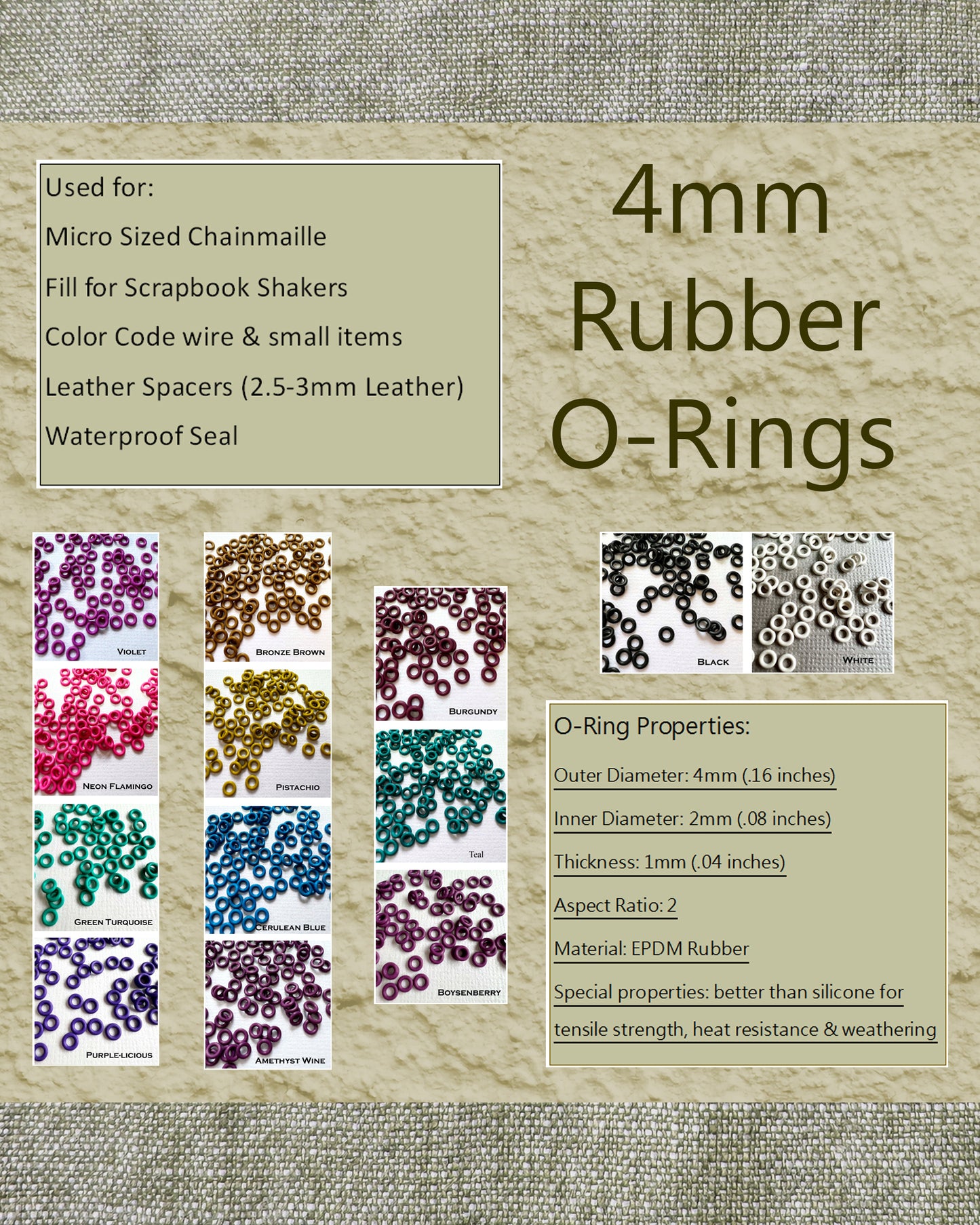 4mm Rubber O-Rings (ID: 2mm) - choose color