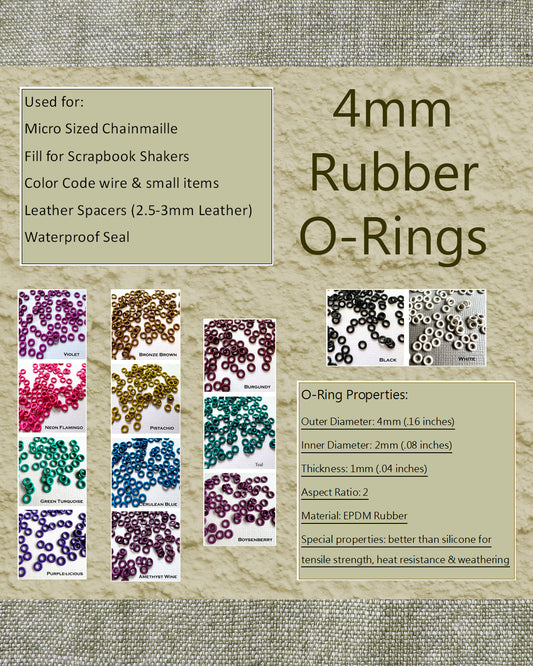 4mm Rubber O-Rings (ID: 2mm) - choose color