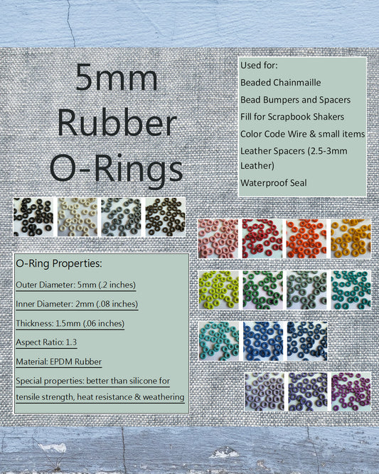 5mm Rubber O-Rings (ID: 2mm)  - choose color & quantity