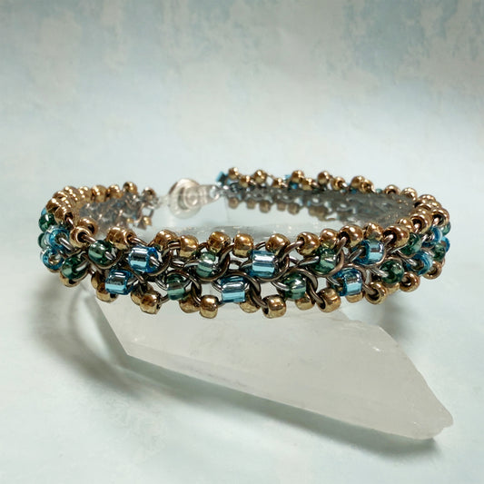 Unbalanced Bias Bead Bracelet Kit with Video Class - Champagne and Silver with Silver Lined Aqua & Lichen
