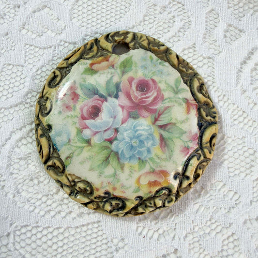 Vintage Floral Pendant (1 3/8" x 1 3/8") - OOAK Ceramic