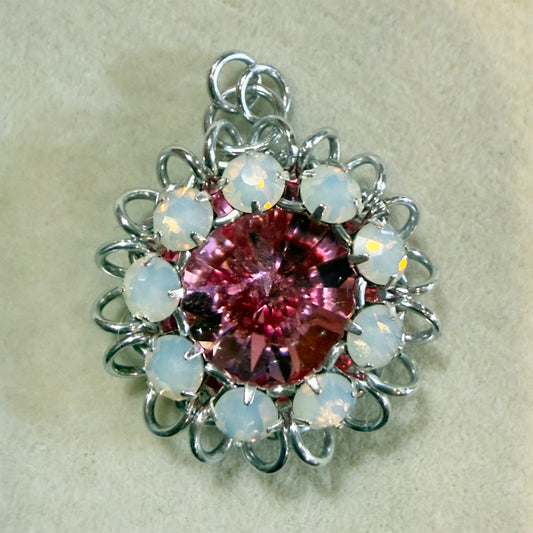 Rose and Rivoli Pendant Mini Kit with Video Class - Silver, White Opal & Rose (October)