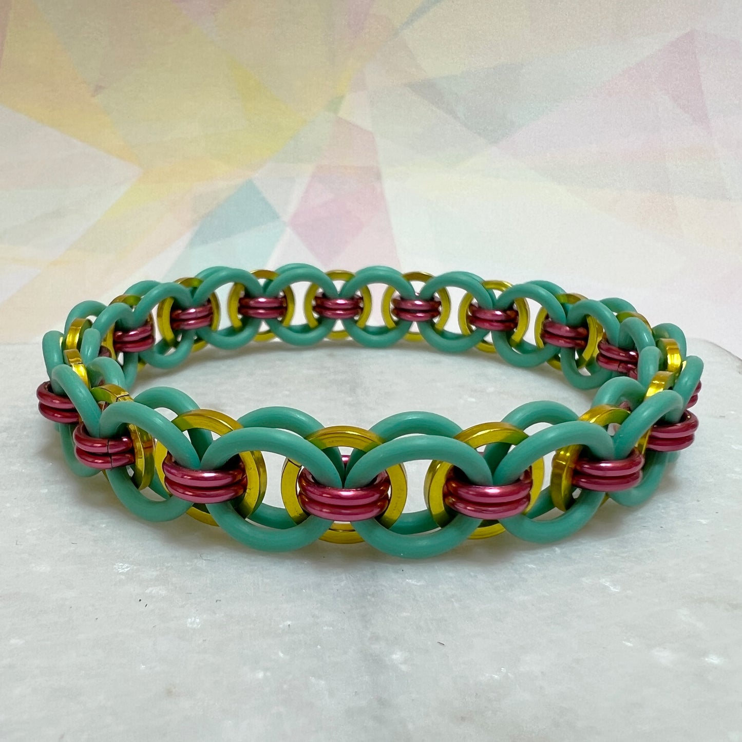 Helm Weave Stretch Bracelet with Square Rings Kit and FREE Video - Aqua, Yellow and Rose
